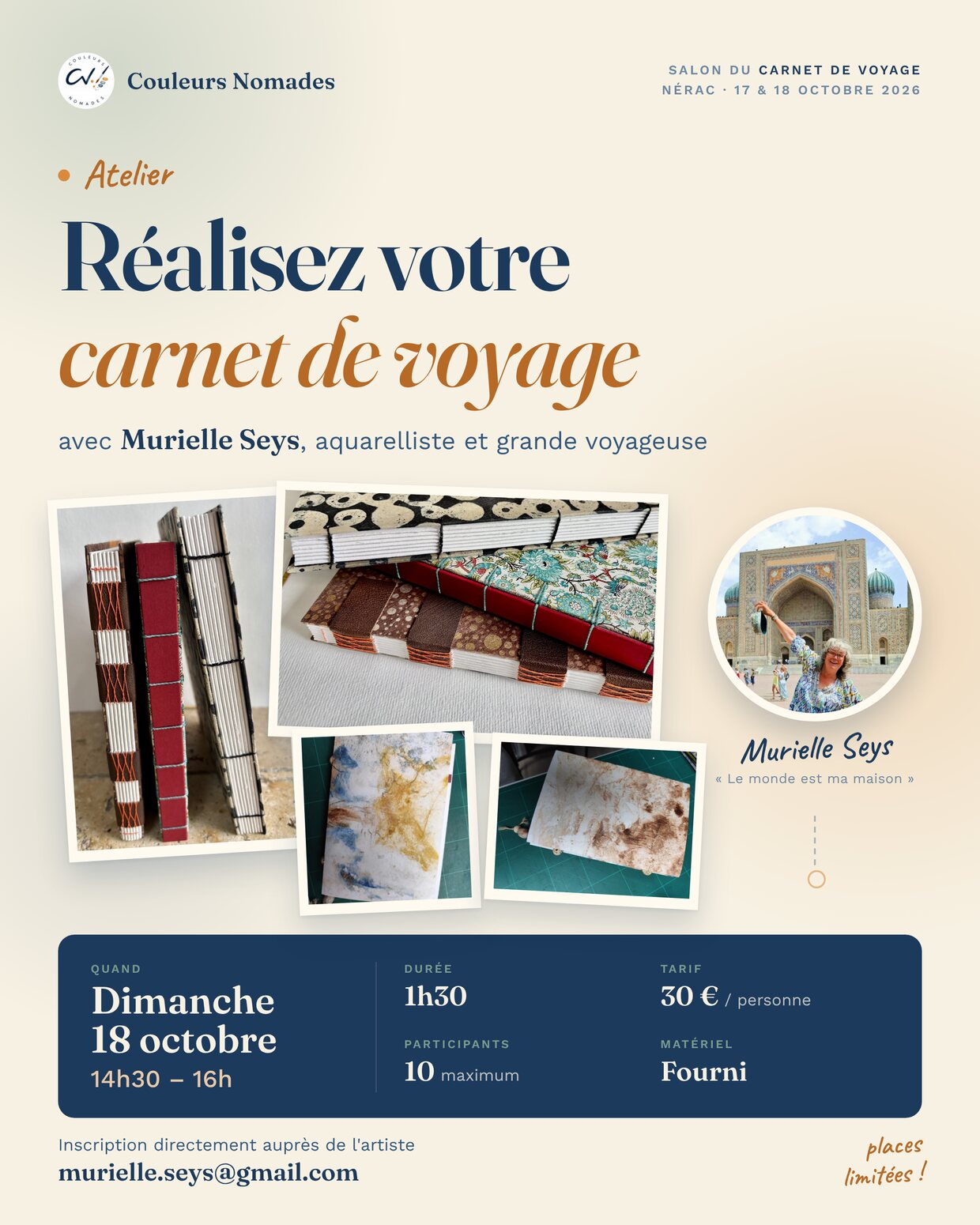 Affiche de l'atelier de Murielle Seys : « Réalisez votre carnet de voyage »